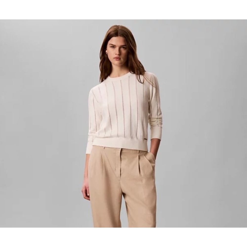 NWT Calvin Klein Women's M Pointelle Knit Sweater Off-White Cotton Crew Neck